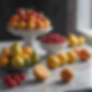 Artistically arranged exotic fruits on a marble table