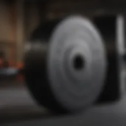 Close-up view of rubber plates stacked on a barbell