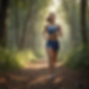 Woman jogging on serene nature trail for improved sleep