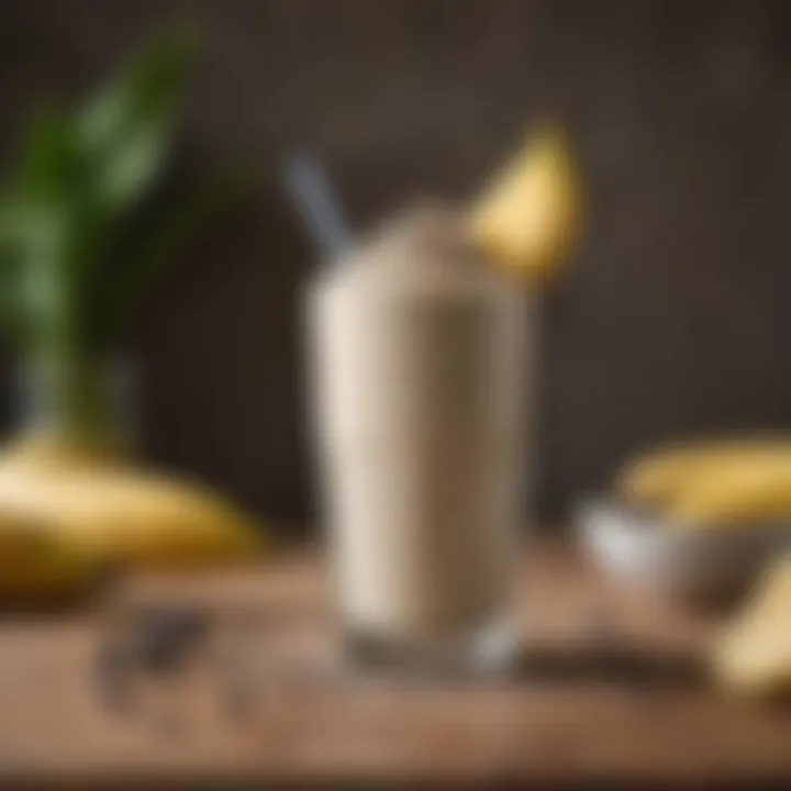 Creamy vanilla protein smoothie in a glass, garnished with a slice of banana and a sprinkle of chia seeds.