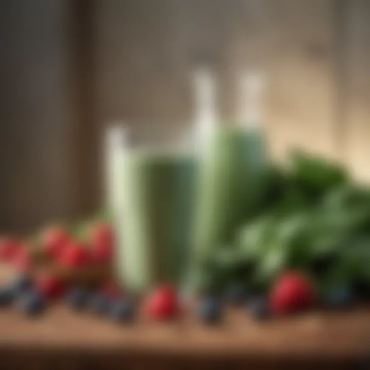 An array of ingredients for a vanilla protein smoothie, including berries, spinach, and almond milk.