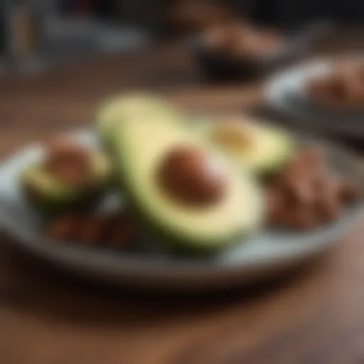 A visually appealing plate of keto-friendly foods like avocados, nuts, and high-quality protein sources.