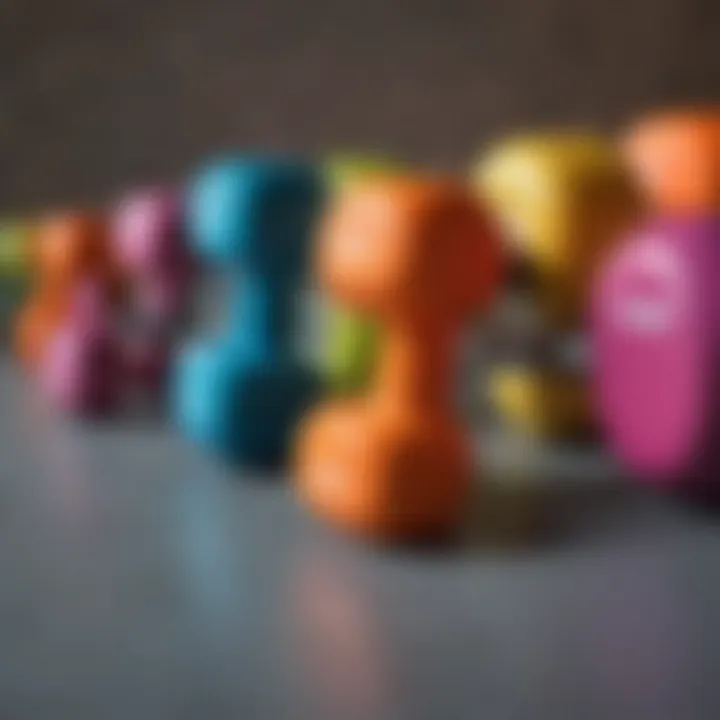 Colorful assortment of lightweight dumbbells in a gym setting