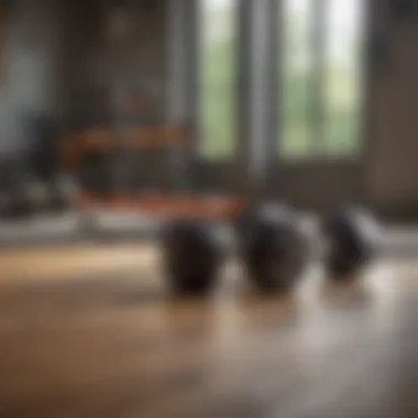 Dumbbells arranged neatly on a wooden floor in a home gym