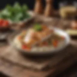 Chicken breast and rice on a rustic wooden table