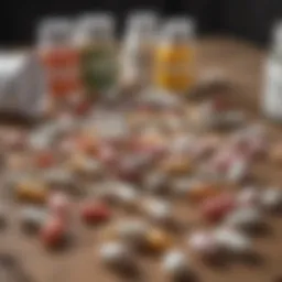 A diverse array of probiotic supplements displayed on a wooden table, showcasing various forms like capsules and powders.