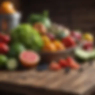 Healthy assortment of colorful fruits and vegetables on a wooden table