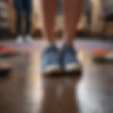 Person standing on different floor surfaces with various shoes