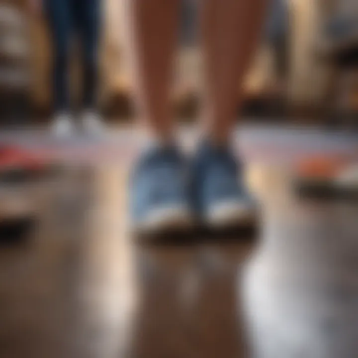Person standing on different floor surfaces with various shoes