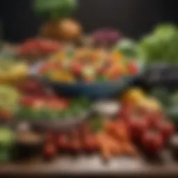 Colorful array of fresh vegetables and fruits arranged aesthetically.