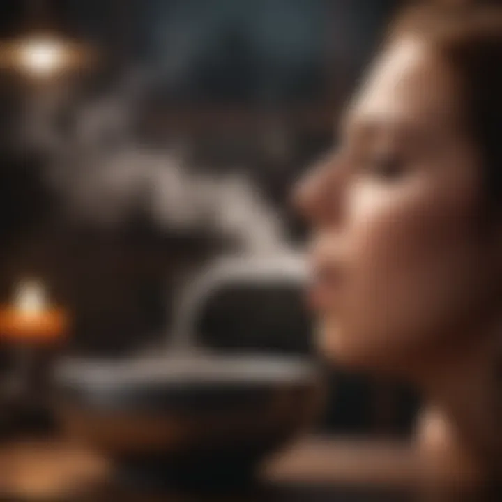 A relaxing scene of a person inhaling steam from a bowl.