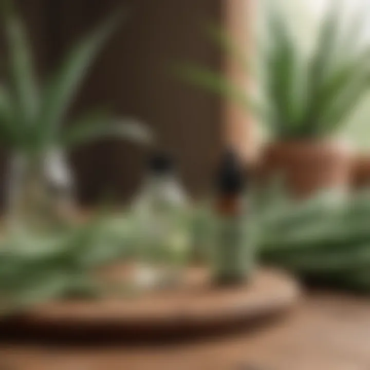 Natural remedies displayed on a table, including aloe vera and essential oils