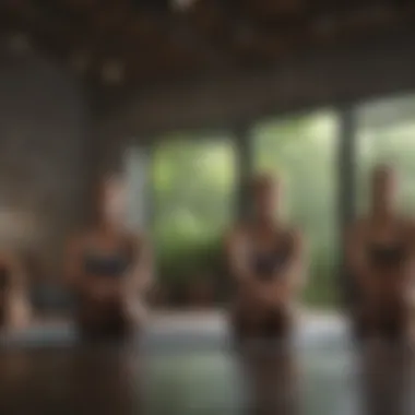 A group performing stretching exercises in a serene environment