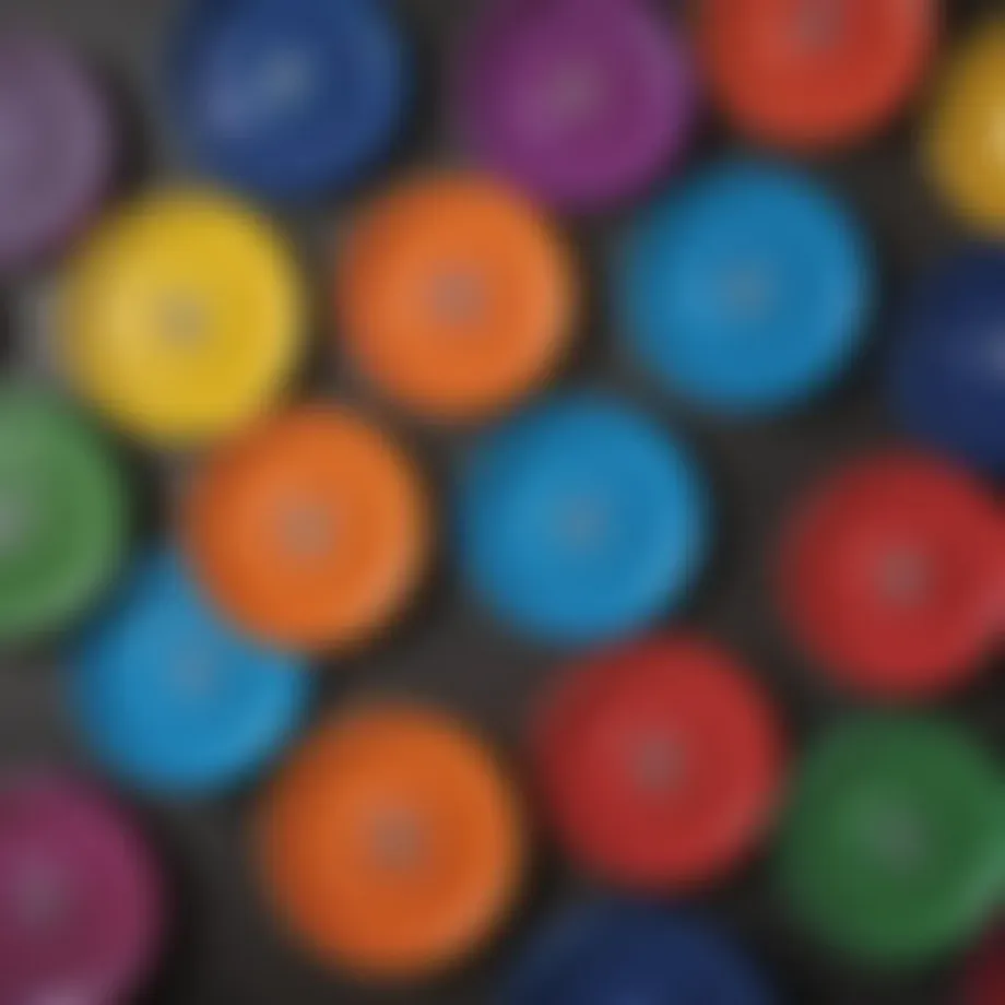 A close-up of various bumper plates in different colors and weights arranged neatly.