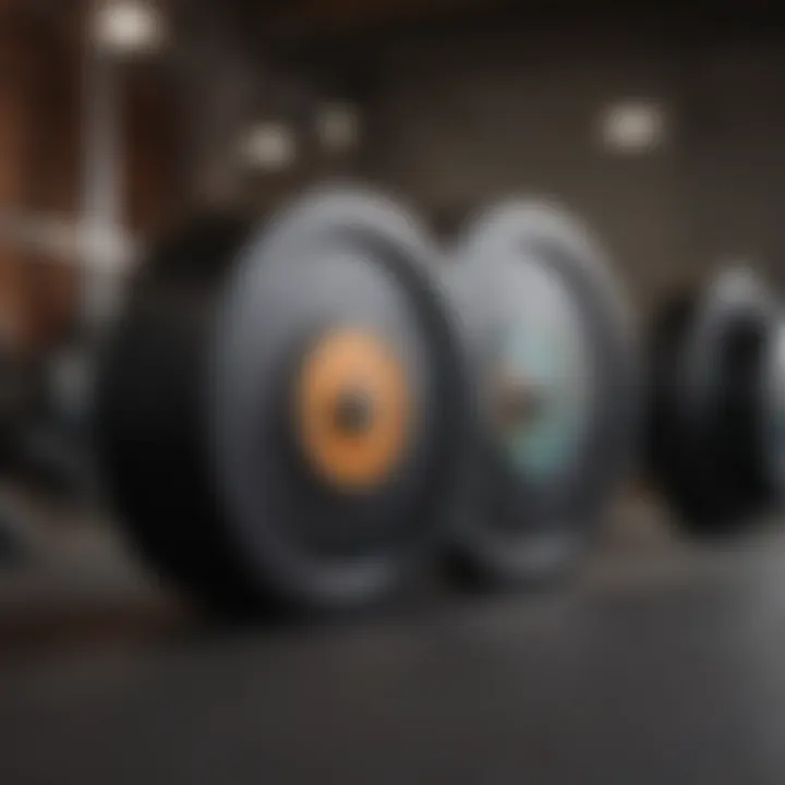 A workout station featuring bumper plates on a barbell, showcasing their application in fitness routines.