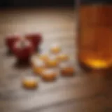 Close-up of apple cider vinegar pills on a wooden surface