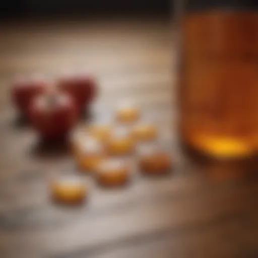 Close-up of apple cider vinegar pills on a wooden surface