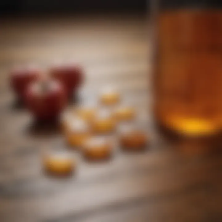 Close-up of apple cider vinegar pills on a wooden surface