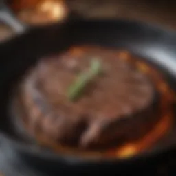 Sizzling steak in cast iron skillet
