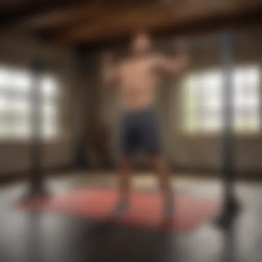 Fitness Enthusiast Practicing Pull-Up on Floor Joist Bar