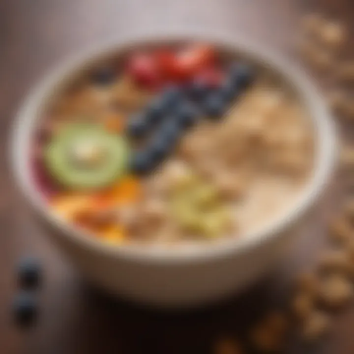 A colorful smoothie bowl topped with high fiber ingredients such as oats and nuts