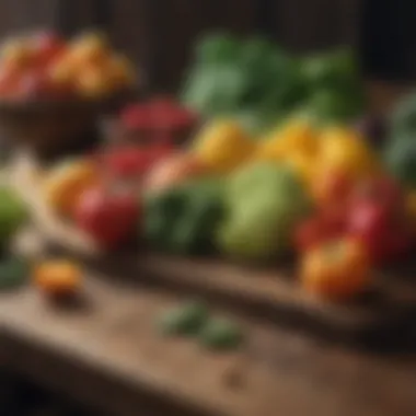 A vibrant collection of fresh vegetables and fruits artistically arranged on a rustic wooden table