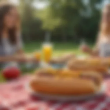 Enjoying Healthy Hot Dogs at a Picnic Health-conscious individuals enjoying hot dogs at a picnic