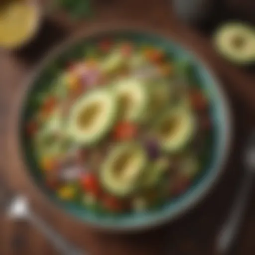A colorful plate of fresh salad with avocado and nuts