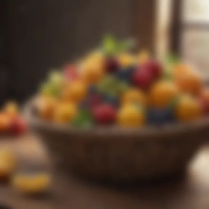 Variety of colorful fresh fruits in a rustic basket