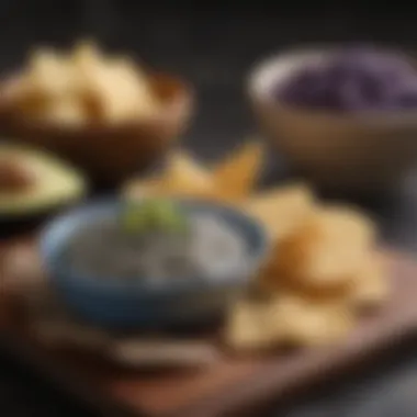 Blue corn chips paired with avocado dip