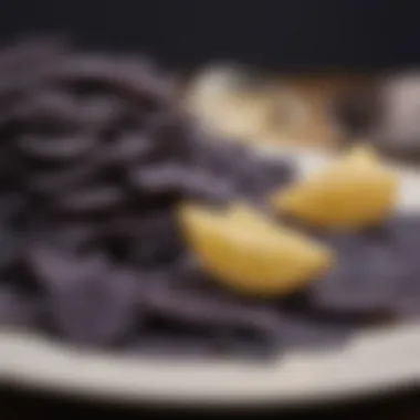 Nutritional breakdown of blue corn chips on a plate