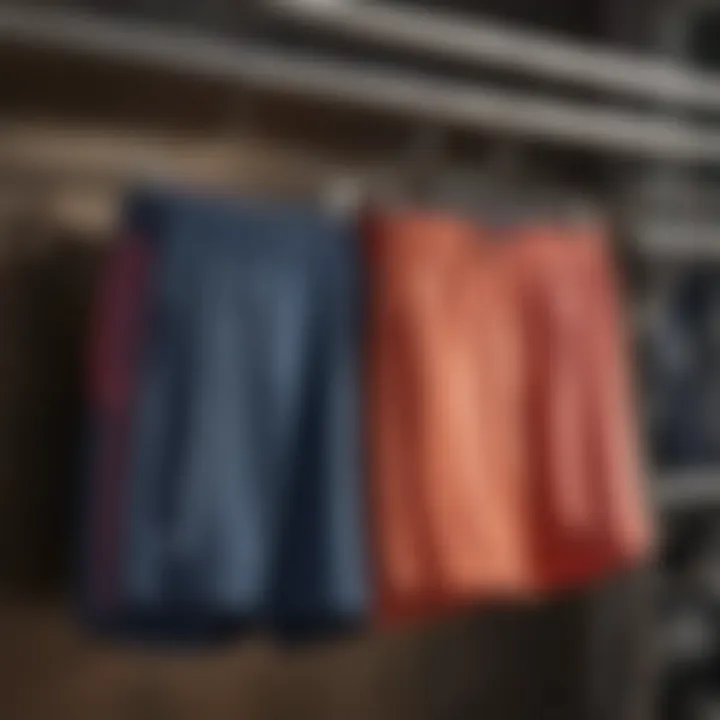 An array of activewear shorts with built-in brief liners displayed on a rack, highlighting different colors and styles.