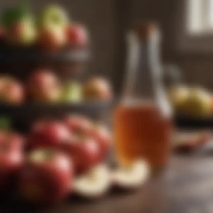 A glass of apple cider vinegar surrounded by fresh apples and a measuring spoon