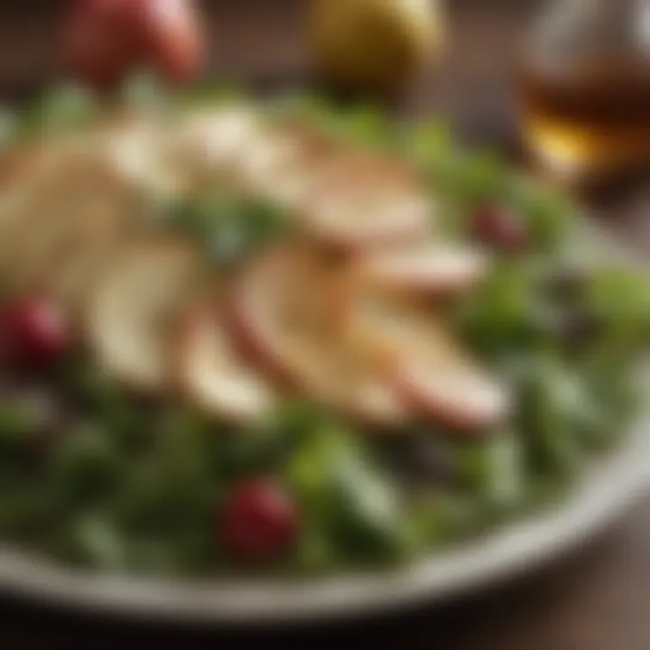 A close-up of a salad drizzled with apple cider vinegar dressing