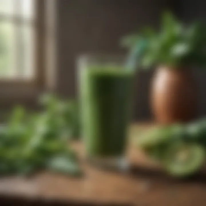 A refreshing green smoothie in a glass surrounded by fresh greens