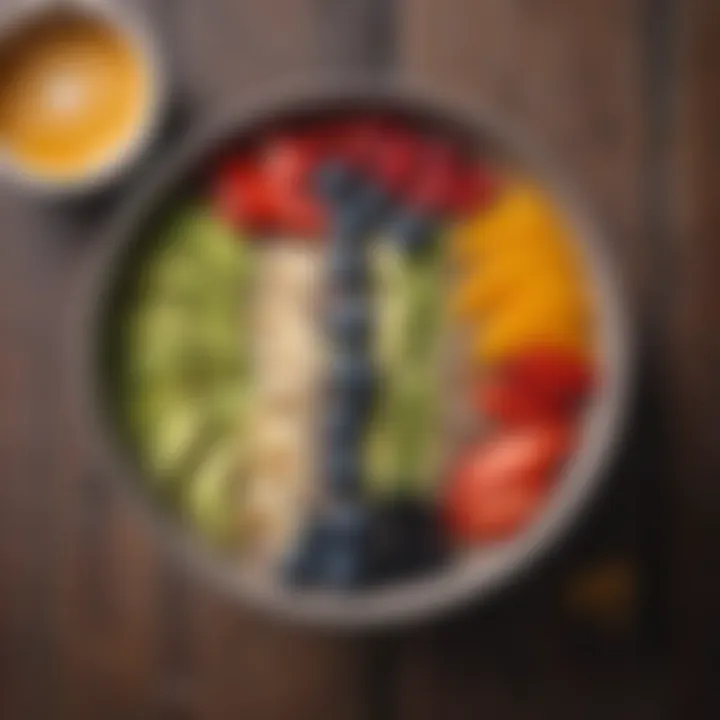 A vibrant smoothie bowl topped with fresh fruits and seeds