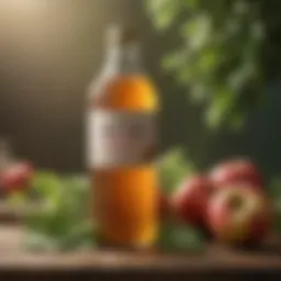 A bottle of apple cider vinegar with apples and leaves