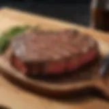 Exquisite steak cut on a wooden board