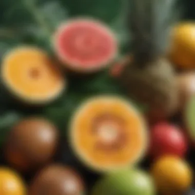 Fresh tropical fruits displayed on a vibrant backdrop