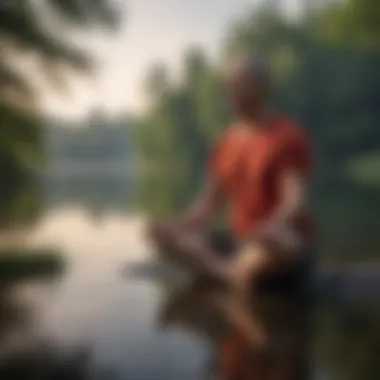 Serene middle-aged individual meditating by a tranquil lake