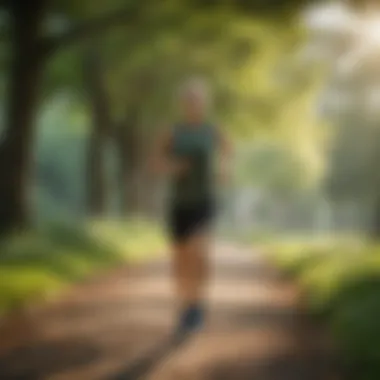 Middle-aged person jogging in a lush green park