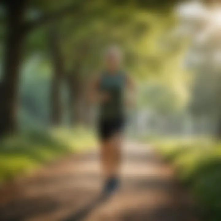 Middle-aged person jogging in a lush green park