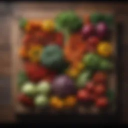 A colorful array of fresh vegetables arranged artfully on a wooden table