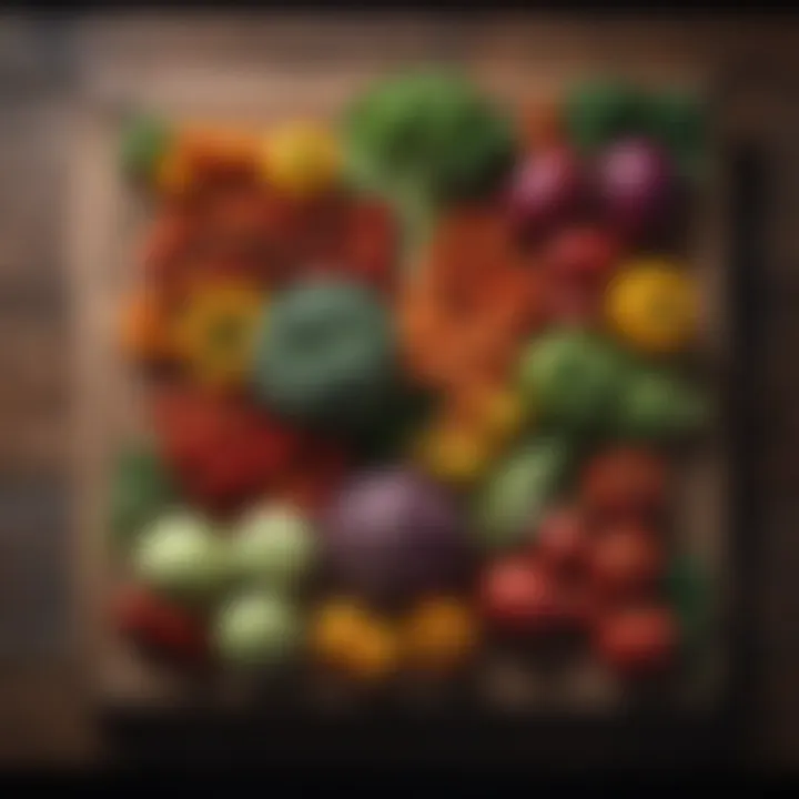 A colorful array of fresh vegetables arranged artfully on a wooden table