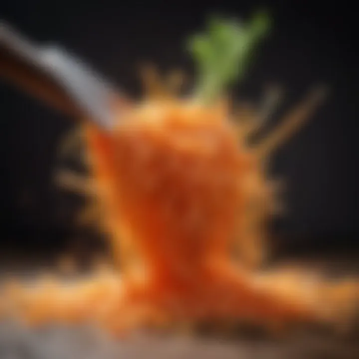 Close-up of a carrot being grated into fine shreds