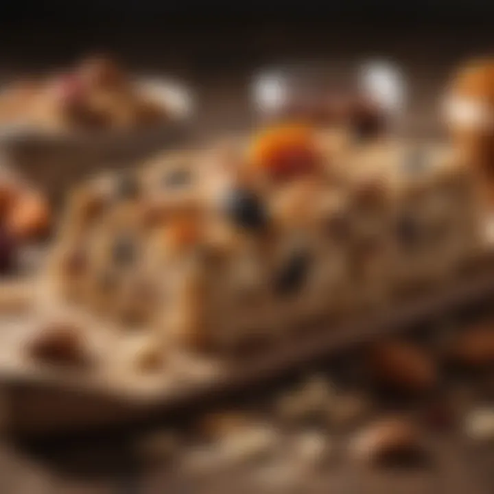 A close-up of a hearty energy bar, highlighting its ingredients like oats, dried fruits, and nuts.