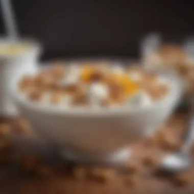 A bowl of Greek yogurt topped with honey and granola, representing a satisfying snack option.