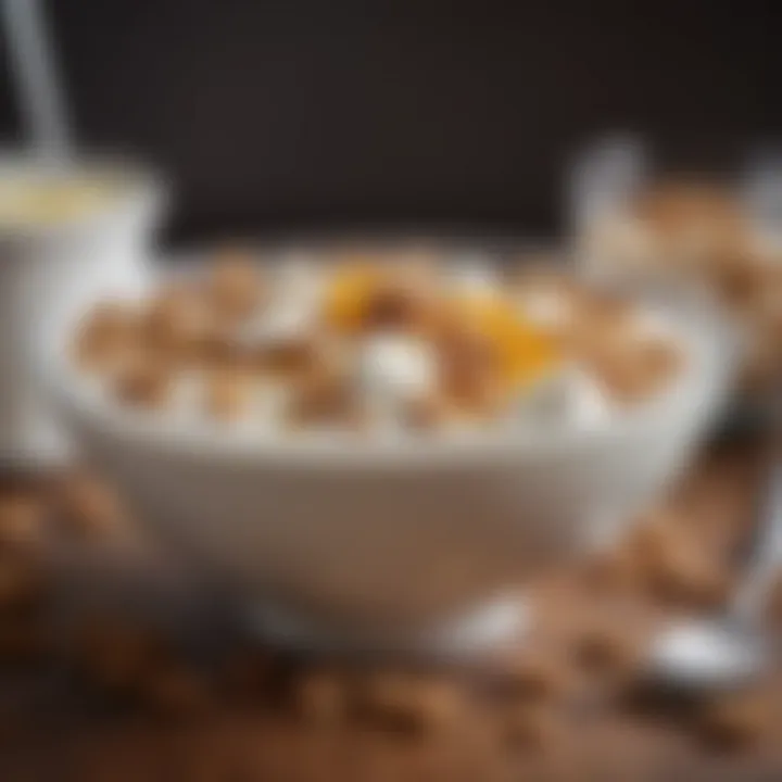 A bowl of Greek yogurt topped with honey and granola, representing a satisfying snack option.
