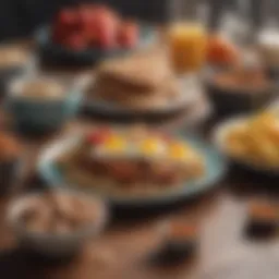 A colorful assortment of high protein breakfast foods on a table
