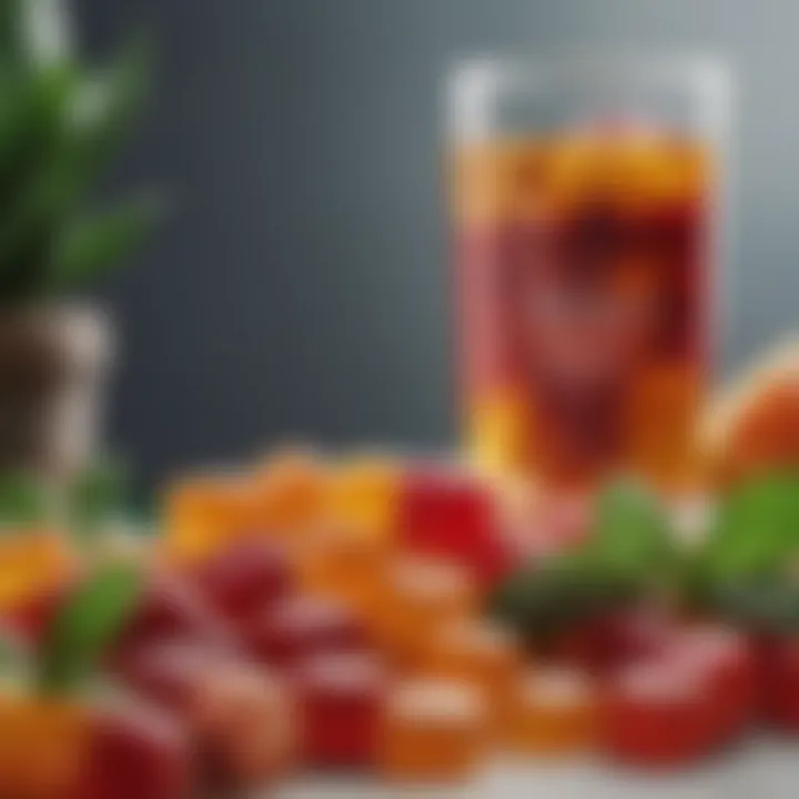 An arrangement of Hims gummy vitamins alongside fresh fruits and herbs, highlighting natural ingredients.